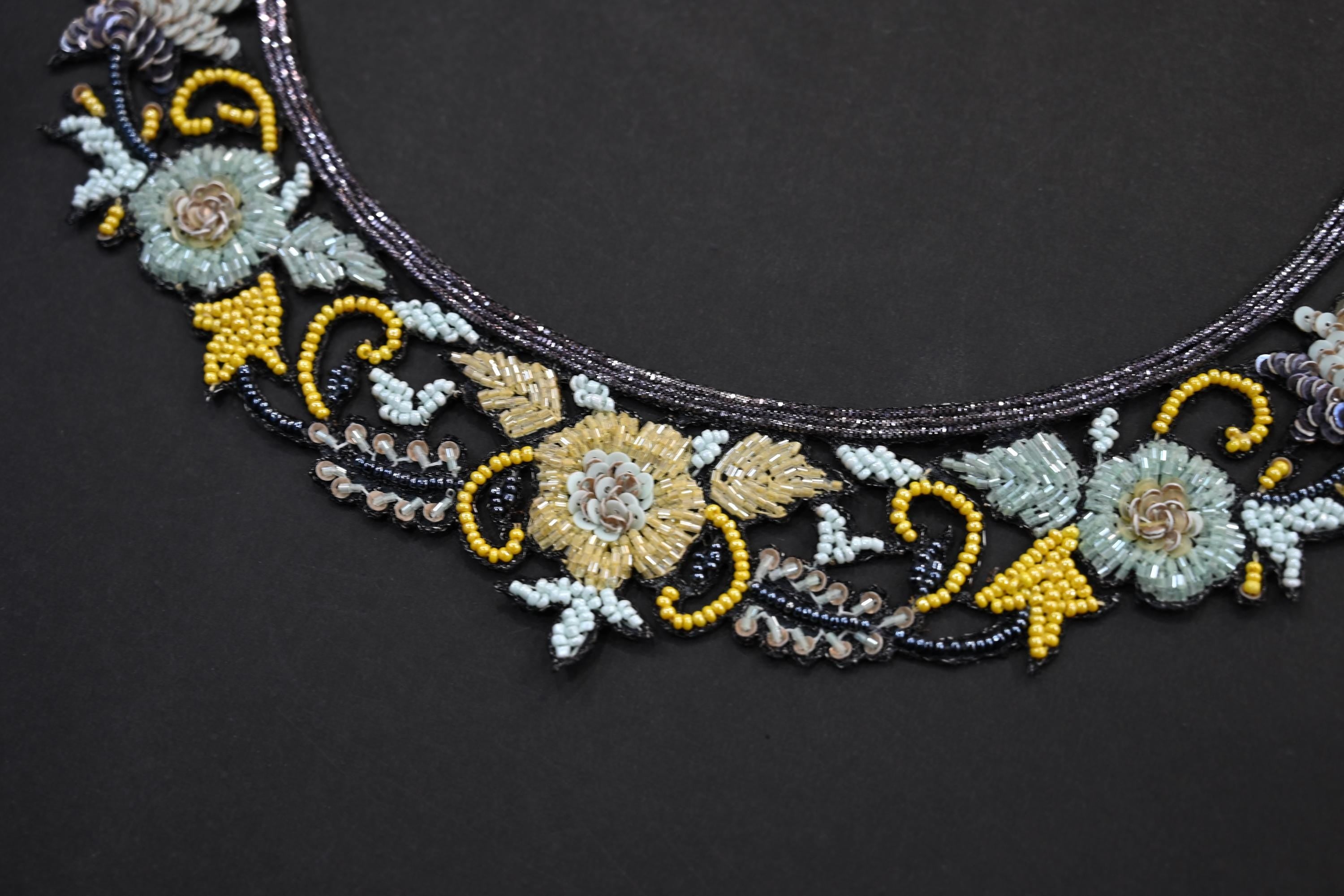 Embroidered Neckline Patch: Yellow & Aqua Glass Beads, Indian Artwork