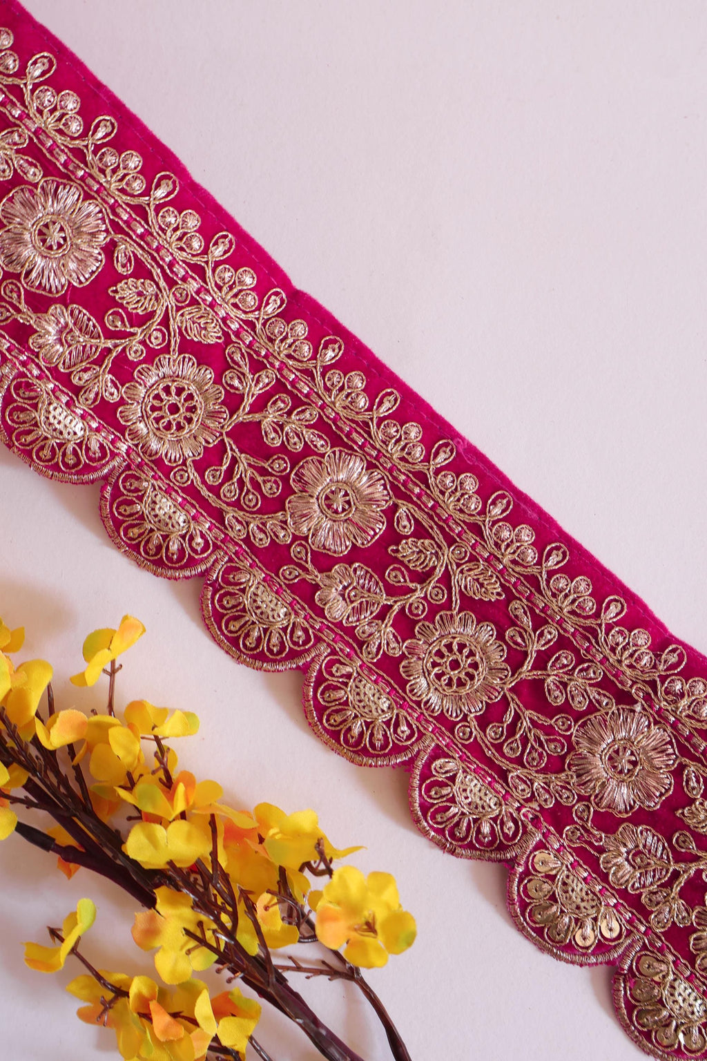 Magenta Pink Velvet Lace Border: Gold Zari Sari Trim, 8cm Wide