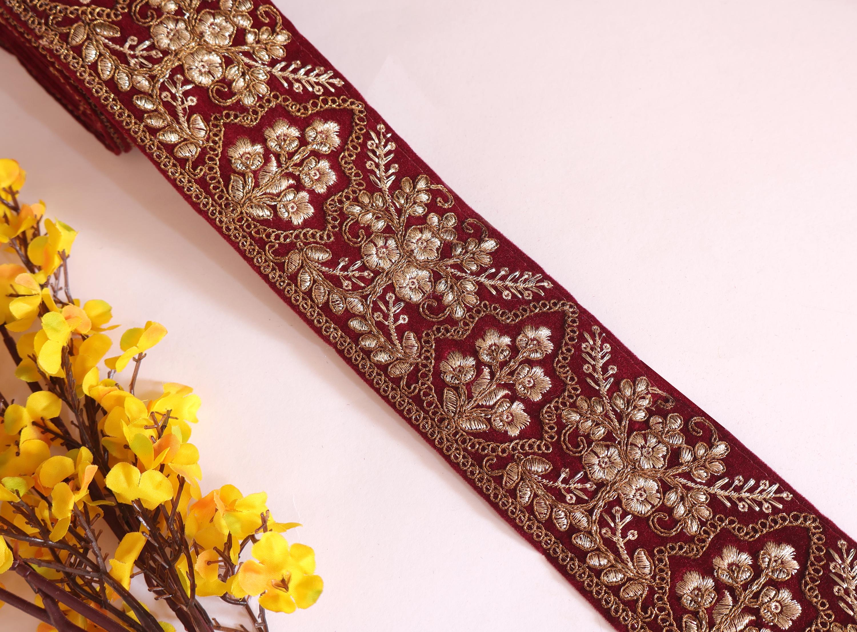 Embroidered Velvet Dress Border Lace: Maroon & Gold Floral Sari Trim (3 Yards)