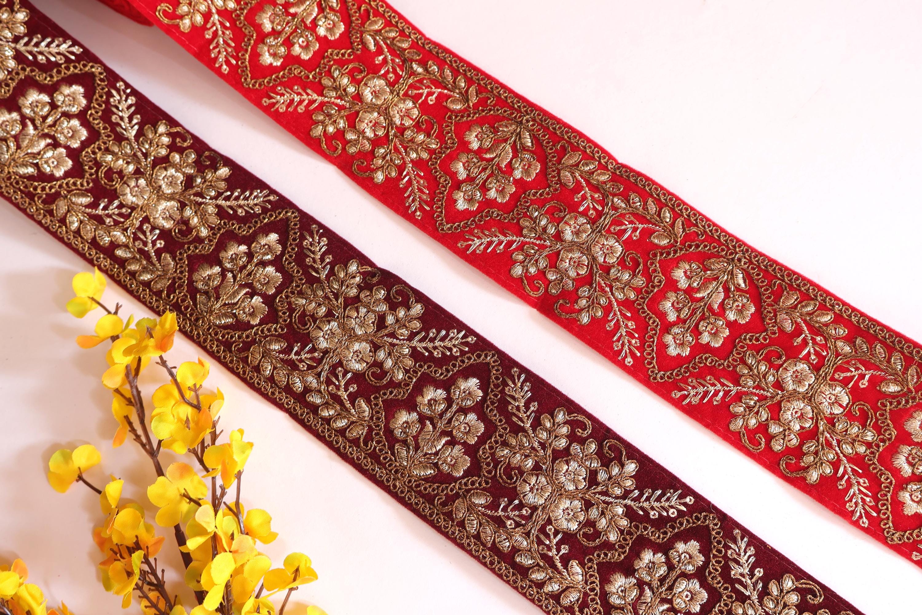 Embroidered Velvet Dress Border Lace: Maroon & Gold Floral Sari Trim (3 Yards)