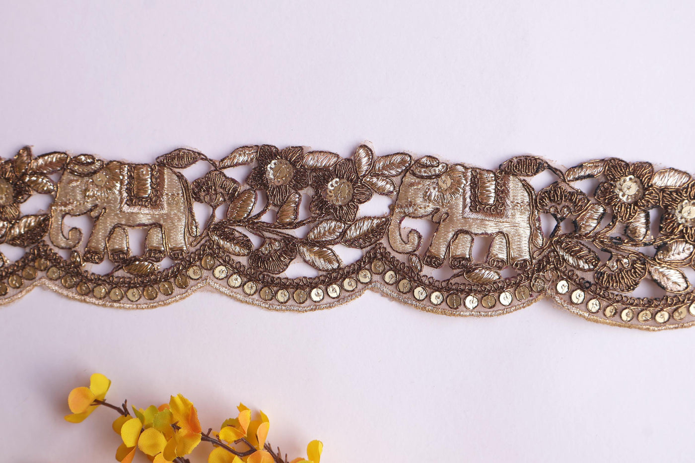 Antique Gold Elephant Embroidered Trim: Floral Zari Indian Lace, 6cm Wide