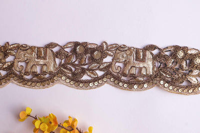 Antique Gold Elephant Embroidered Trim: Floral Zari Indian Lace, 6cm Wide