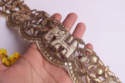 Antique Gold Elephant Embroidered Trim: Floral Zari Indian Lace, 6cm Wide
