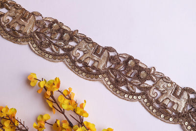 Antique Gold Elephant Embroidered Trim: Floral Zari Indian Lace, 6cm Wide