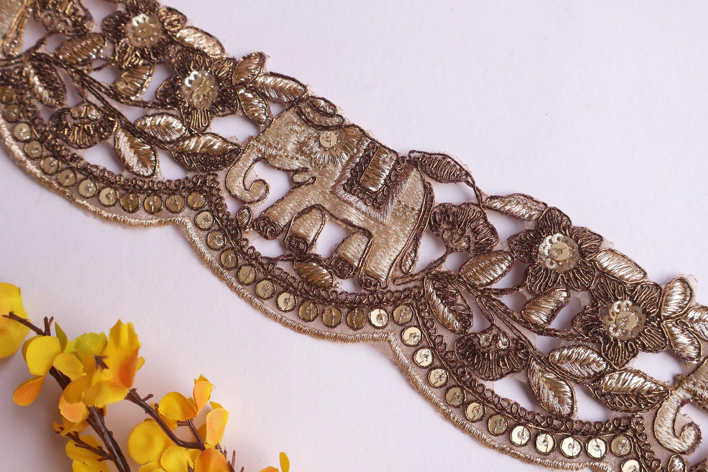 Antique Gold Elephant Embroidered Trim: Floral Zari Indian Lace, 6cm Wide