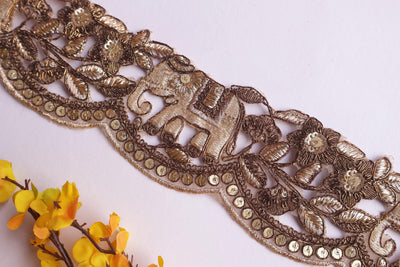 Antique Gold Elephant Embroidered Trim: Floral Zari Indian Lace, 6cm Wide