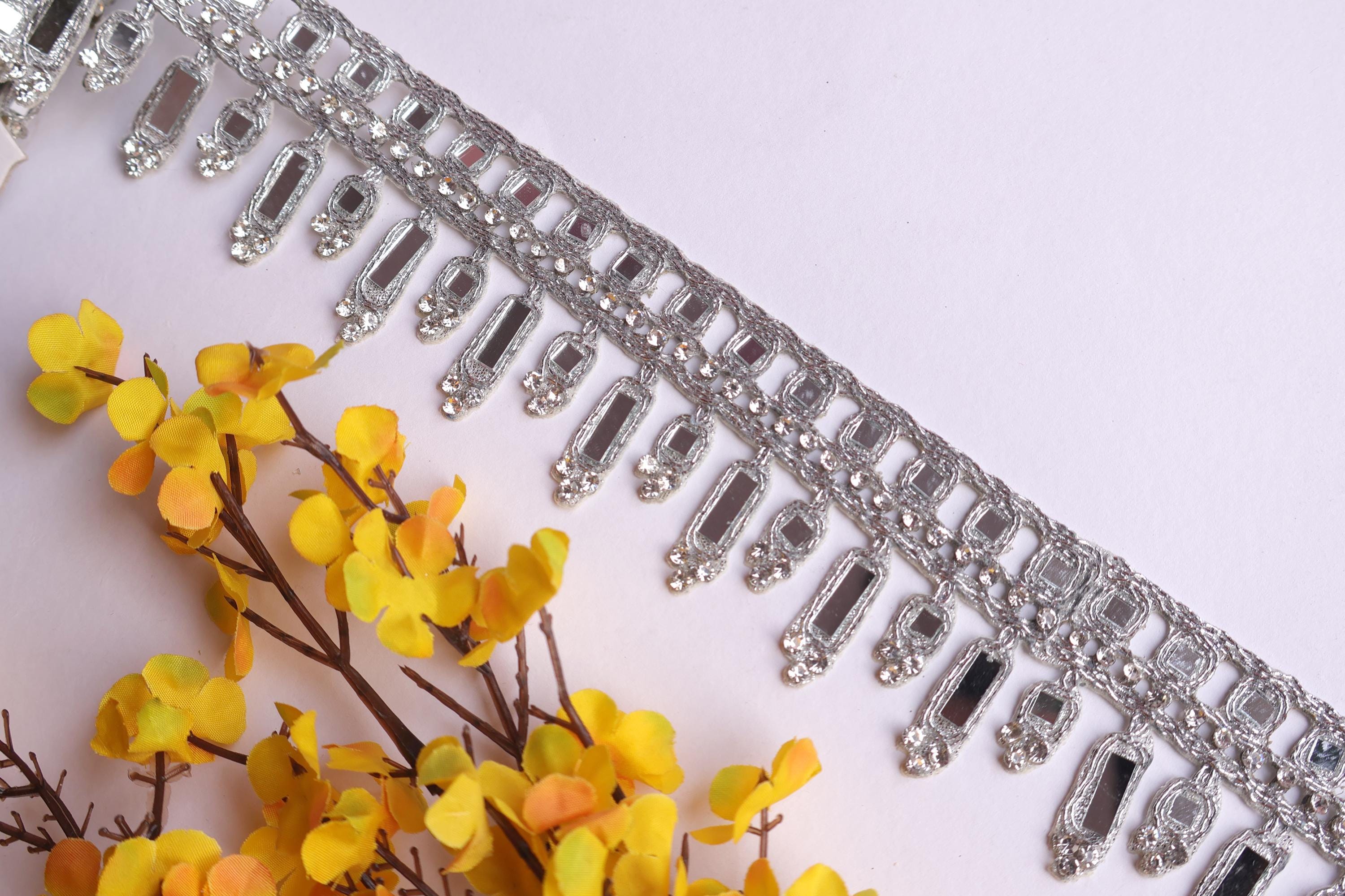 Silver Mirror Lace Trim: Handcrafted Indian Embellishment (4.5cm)