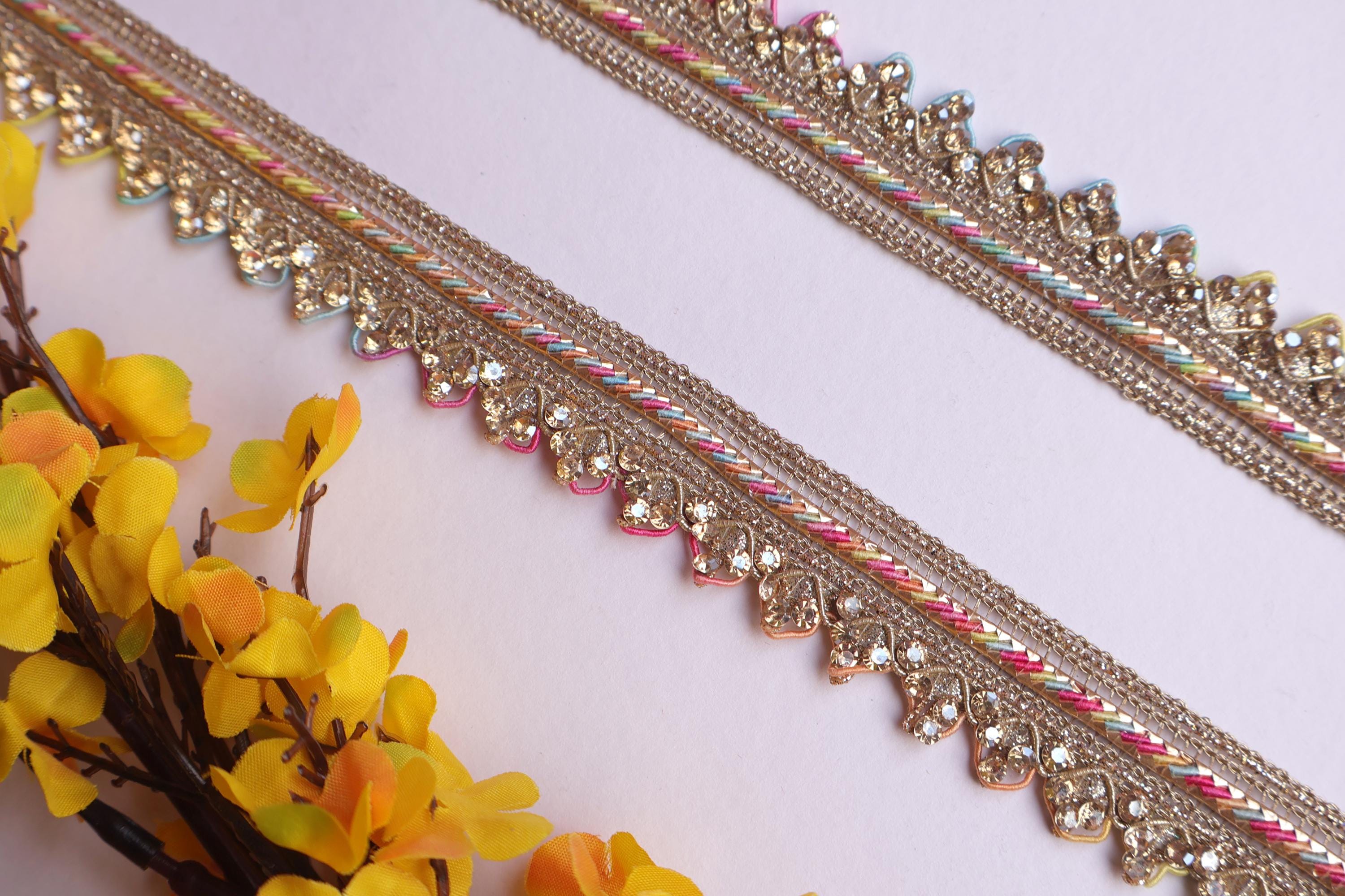 Golden Zircon Crystal Scallop Trim: Rainbow Thread Embroidered Lace, 9 Yards