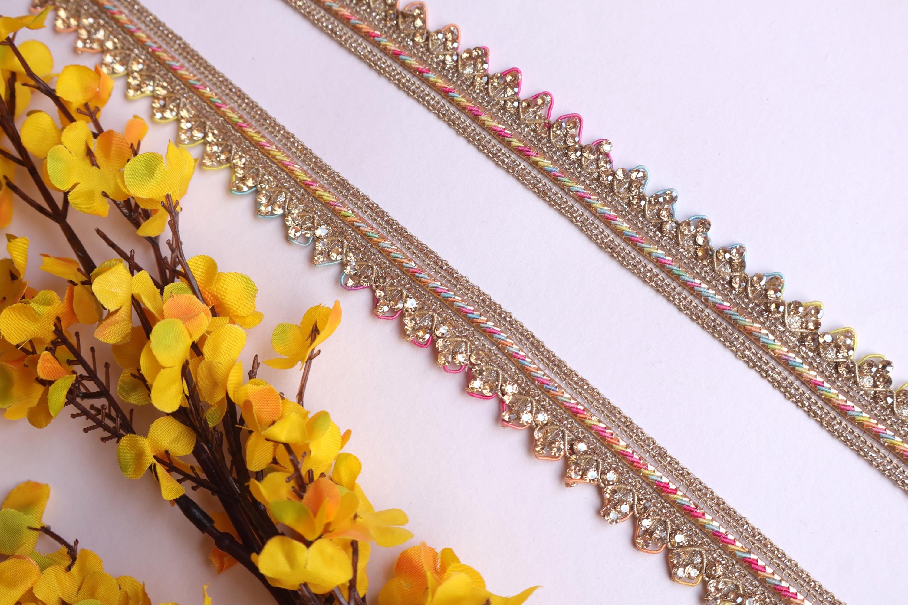 Golden Zircon Crystal Scallop Trim: Rainbow Thread Embroidered Lace, 9 Yards