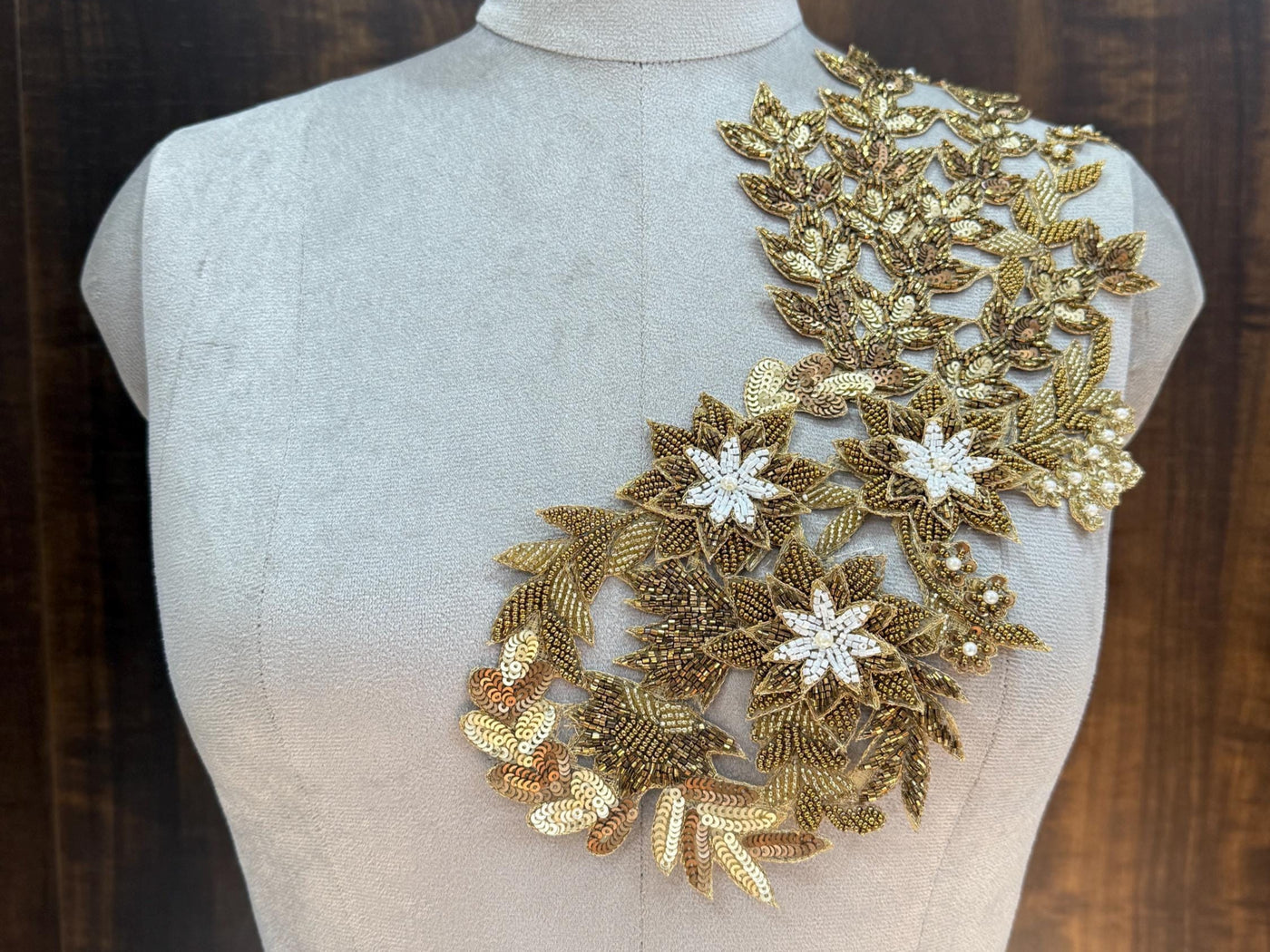 Long Golden Cutwork Beads & Sequins Embroidered Patch 39 cm Long