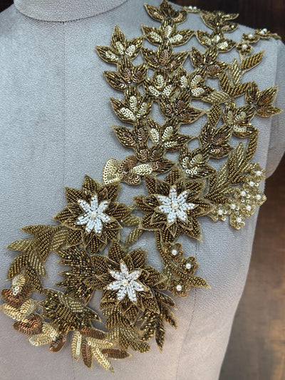 Long Golden Cutwork Beads & Sequins Embroidered Patch 39 cm Long