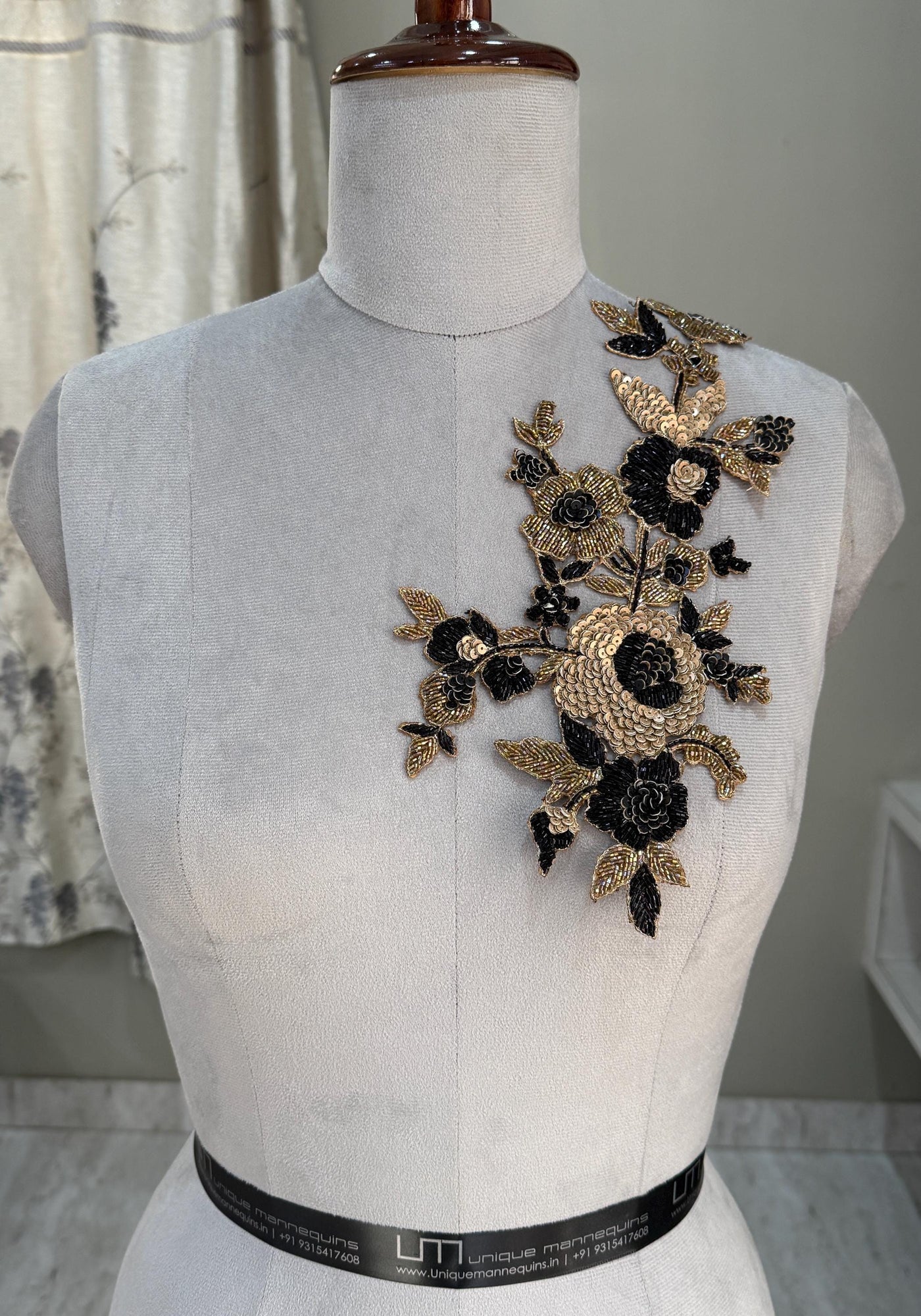 Golden Black Beads & Sequins Embroidered Floral Applique Patch 35 cm