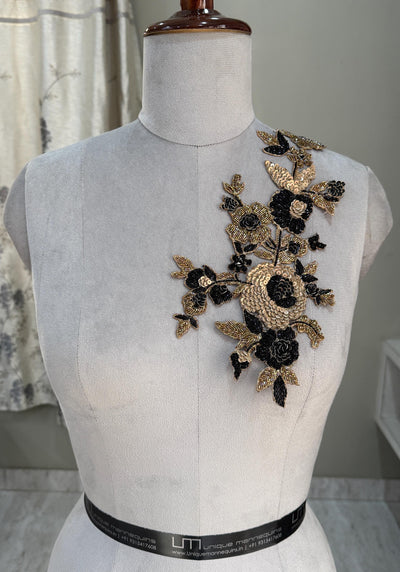 Golden Black Beads & Sequins Embroidered Floral Applique Patch 35 cm