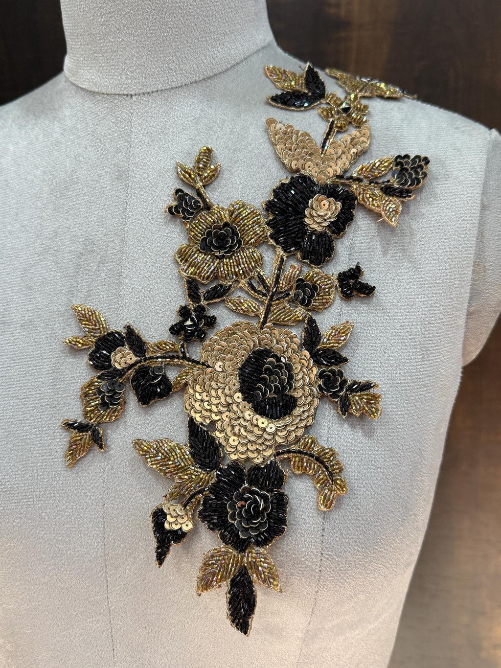 Floral Applique Patch: Golden Black Embroidered Zardozi, Sequins (35 cm)