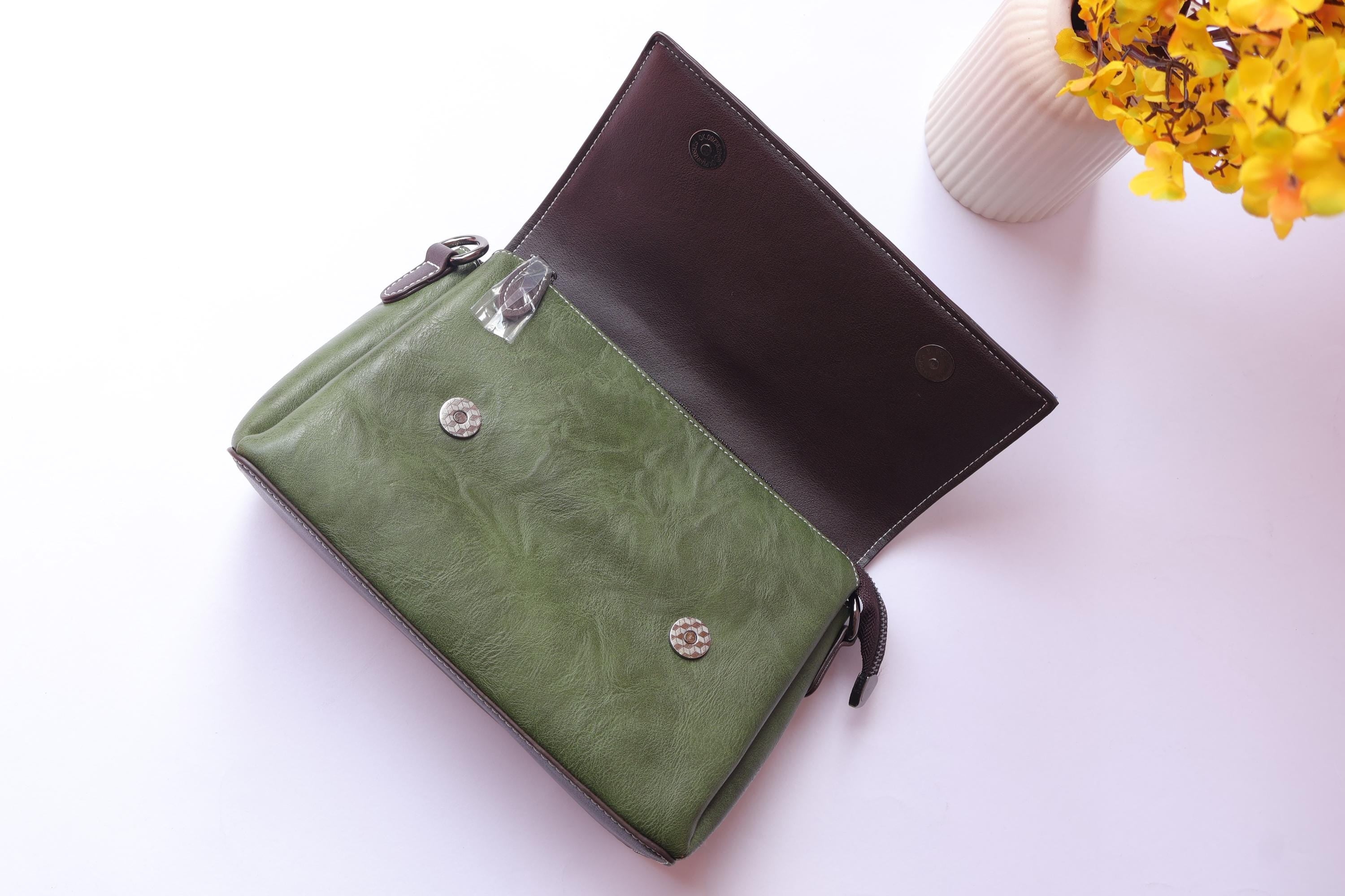 Olive Green Leather Bag: Floral Threadwork Embroidery, Removable Straps