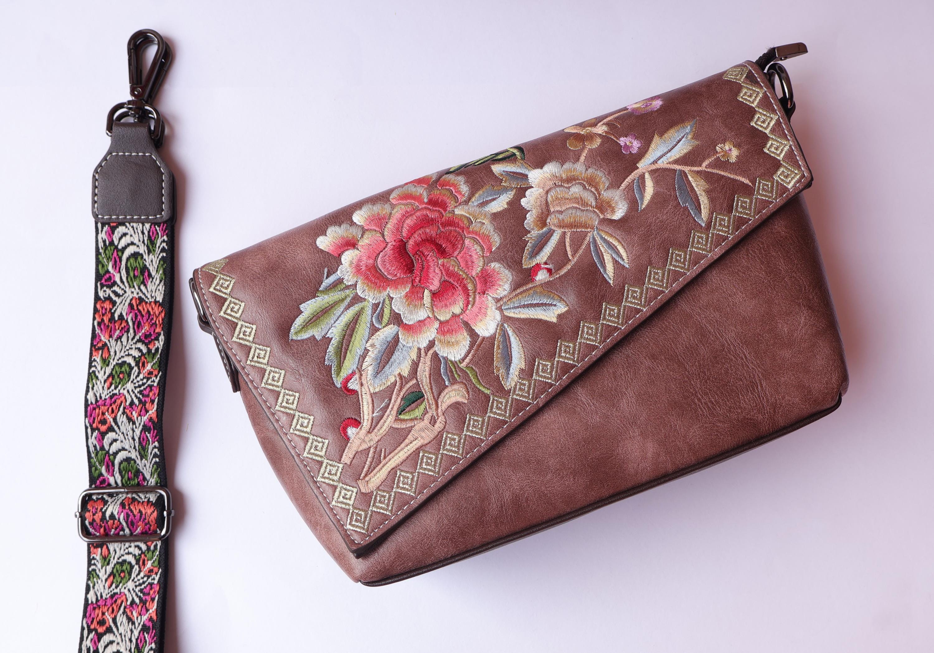 Embroidered Floral Leather Clutch Bag, Boho Shoulder Bag (30 x 18cm)