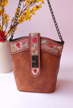 Brown Leather Bag with Floral Strap & Threadwork