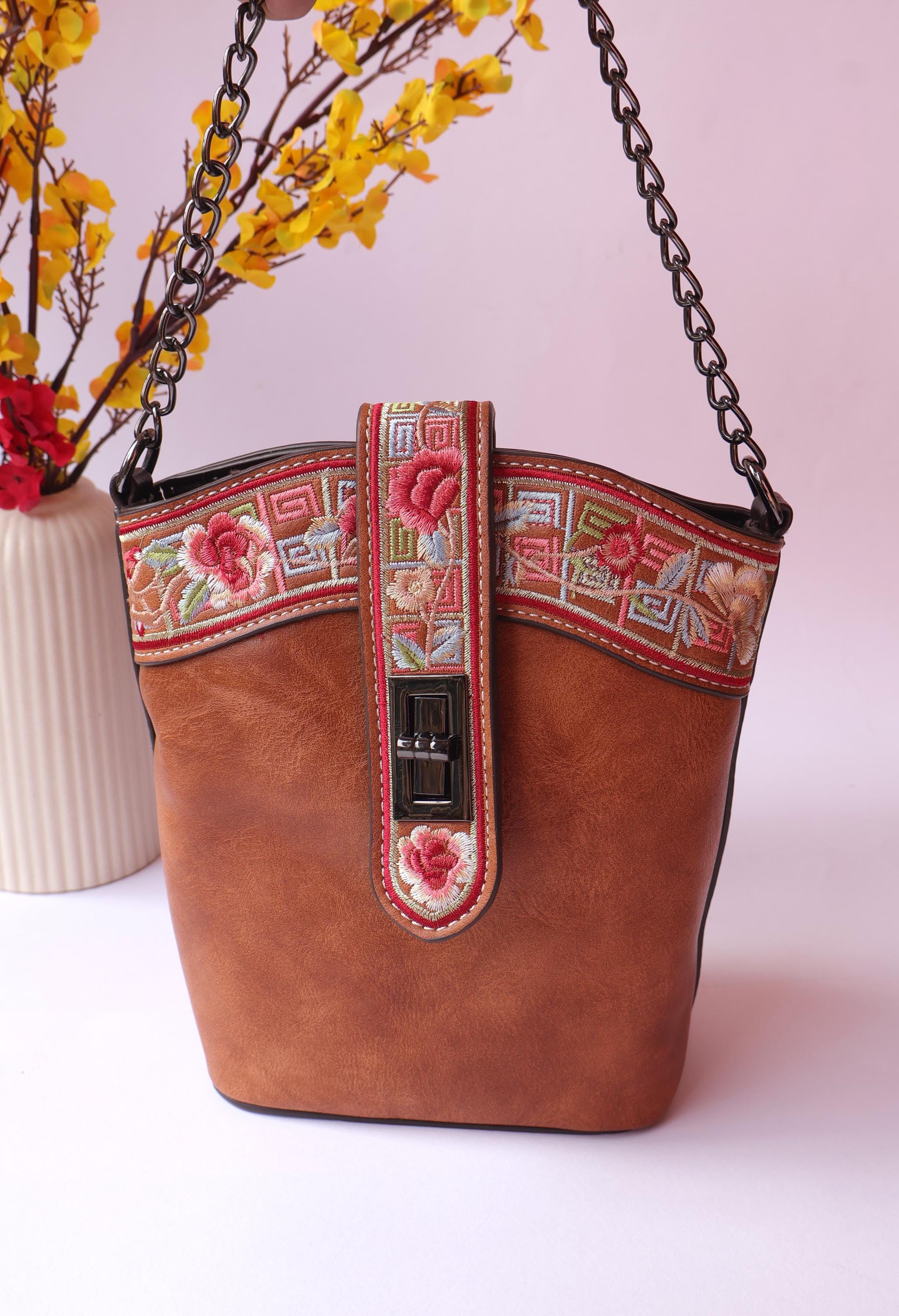 Brown Leather Bag with Floral Strap & Threadwork