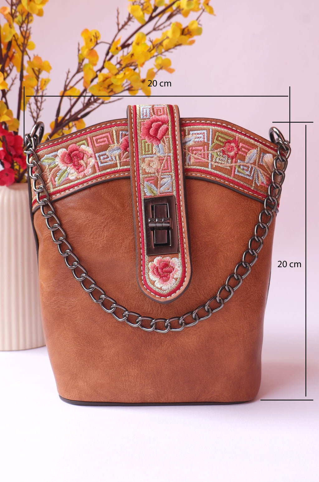 Brown Leather Bag with Floral Strap & Threadwork