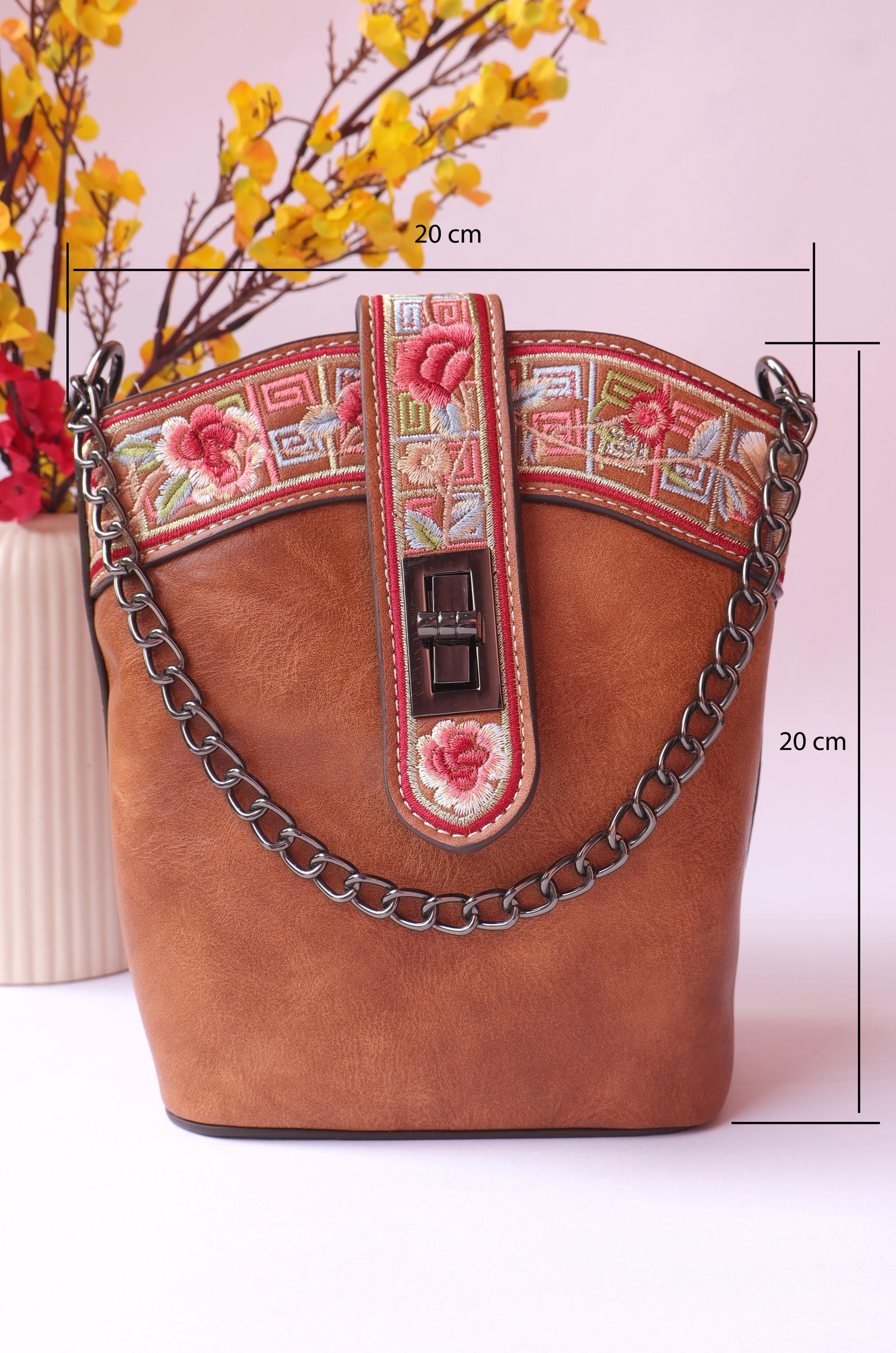 Brown Leather Bag with Floral Strap & Threadwork