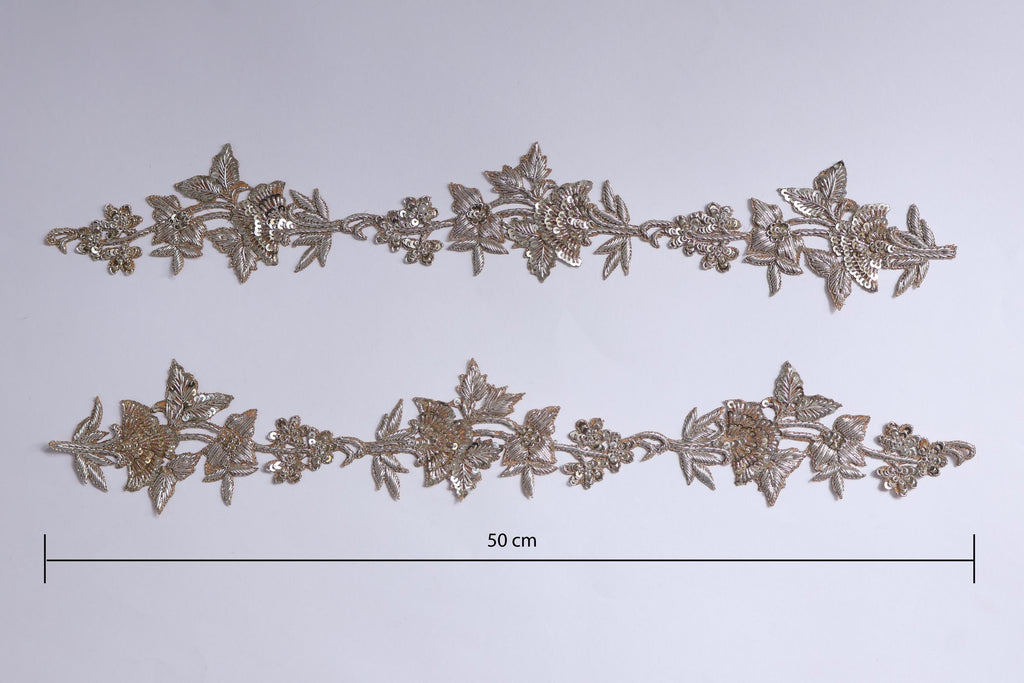 Creme Gold Zardozi Embroidery Floral Applique Patches - Handmade Pair