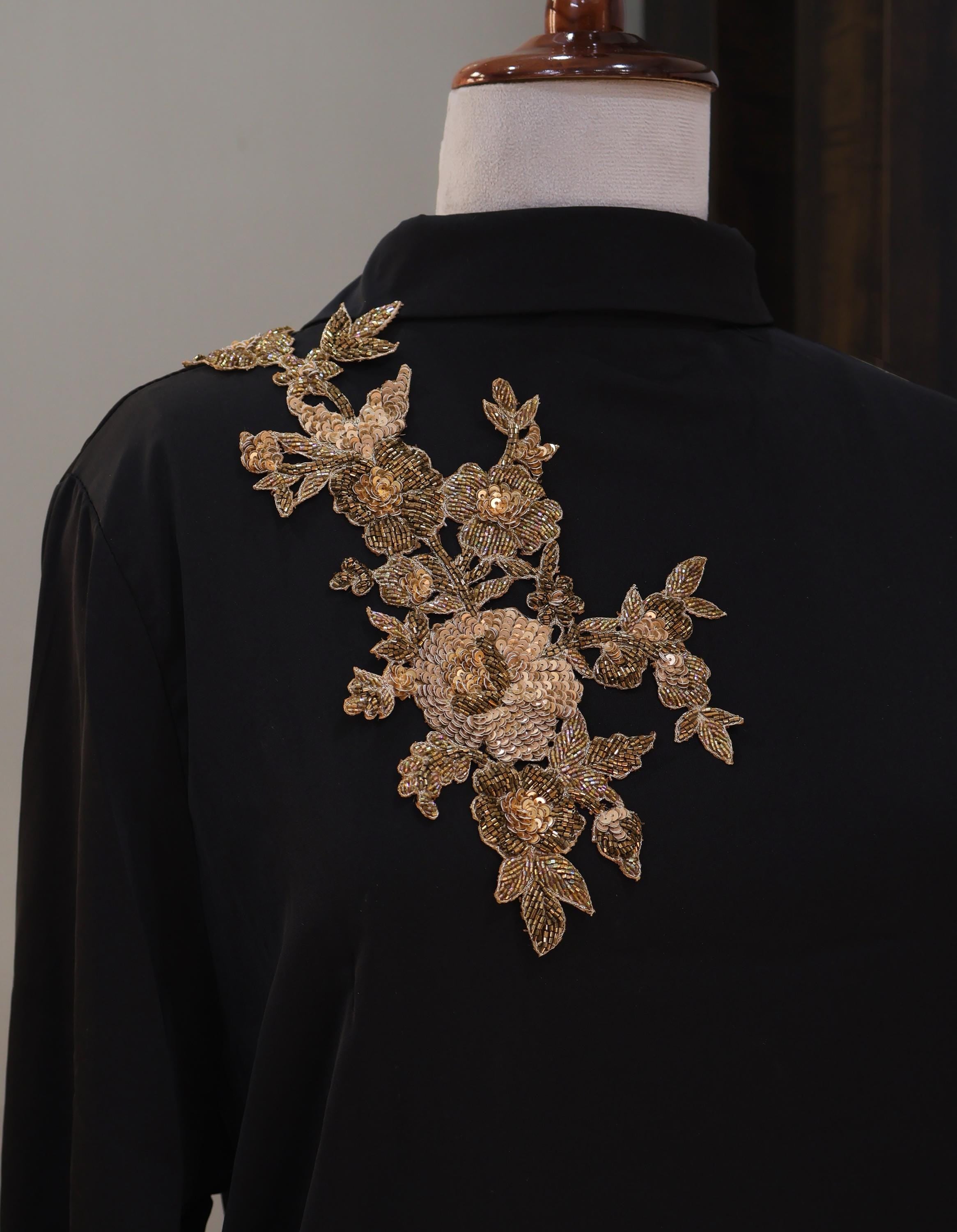 Handmade Zardozi Floral Applique Patch, Gold Embroidered Sequin, DIY Garments (35cm)