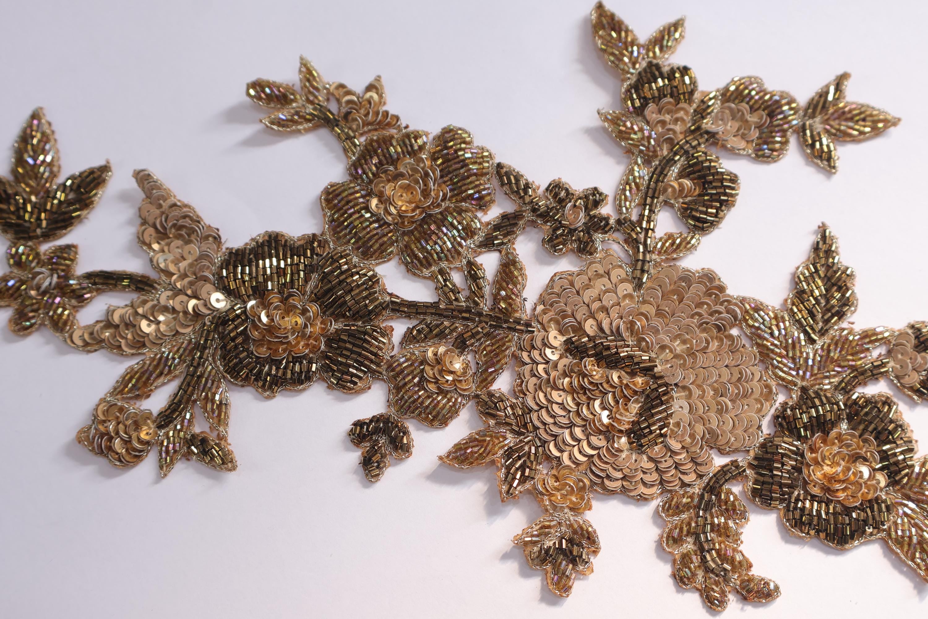 Handmade Zardozi Floral Applique Patch, Gold Embroidered Sequin, DIY Garments (35cm)