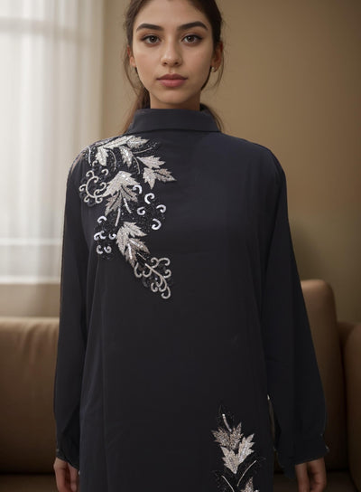 Silver & Black Miniature Indian Cutdana Applique Sew on Embroidered Patch - 1 Pair