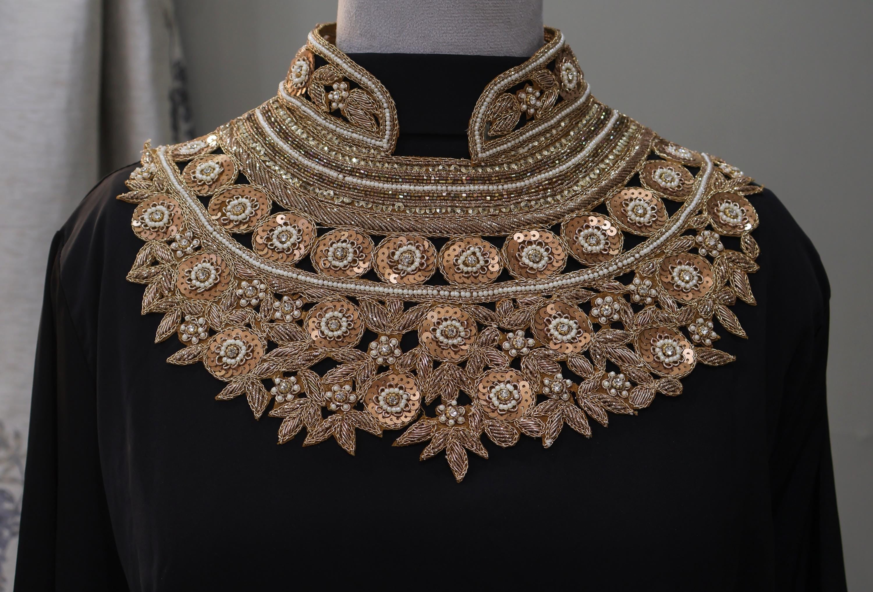 Golden Hand Embroidered Boatneck Sew on Victorian Neckline Patch with Collar - 1 Set