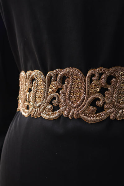 Baroque Zardozi Embroidered Belt: Antique Gold Chain, Adjustable Hook
