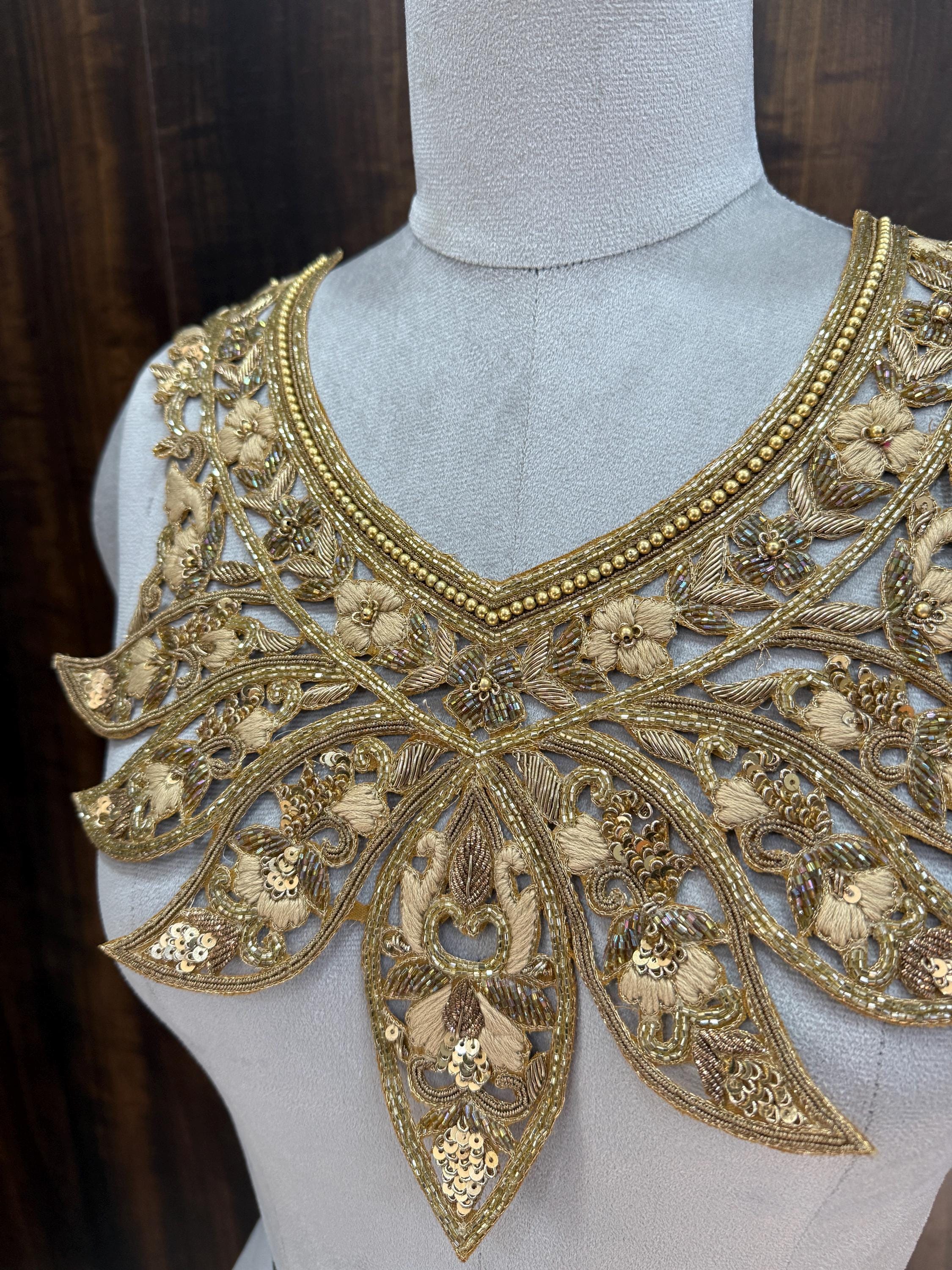 Golden Embroidered Neckline Patch with Sleeves: Indian Zardozi Applique