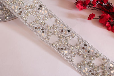 Silver Zircon Pearl Sari Trim: Indian Embroidered Lace, Wedding Dress Border (6cm Wide)
