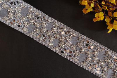 Silver Zircon Pearl Sari Trim: Indian Embroidered Lace, Wedding Dress Border (6cm Wide)