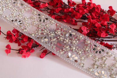 Silver Zircon Pearl Sari Trim: Indian Embroidered Lace, Wedding Dress Border (6cm Wide)