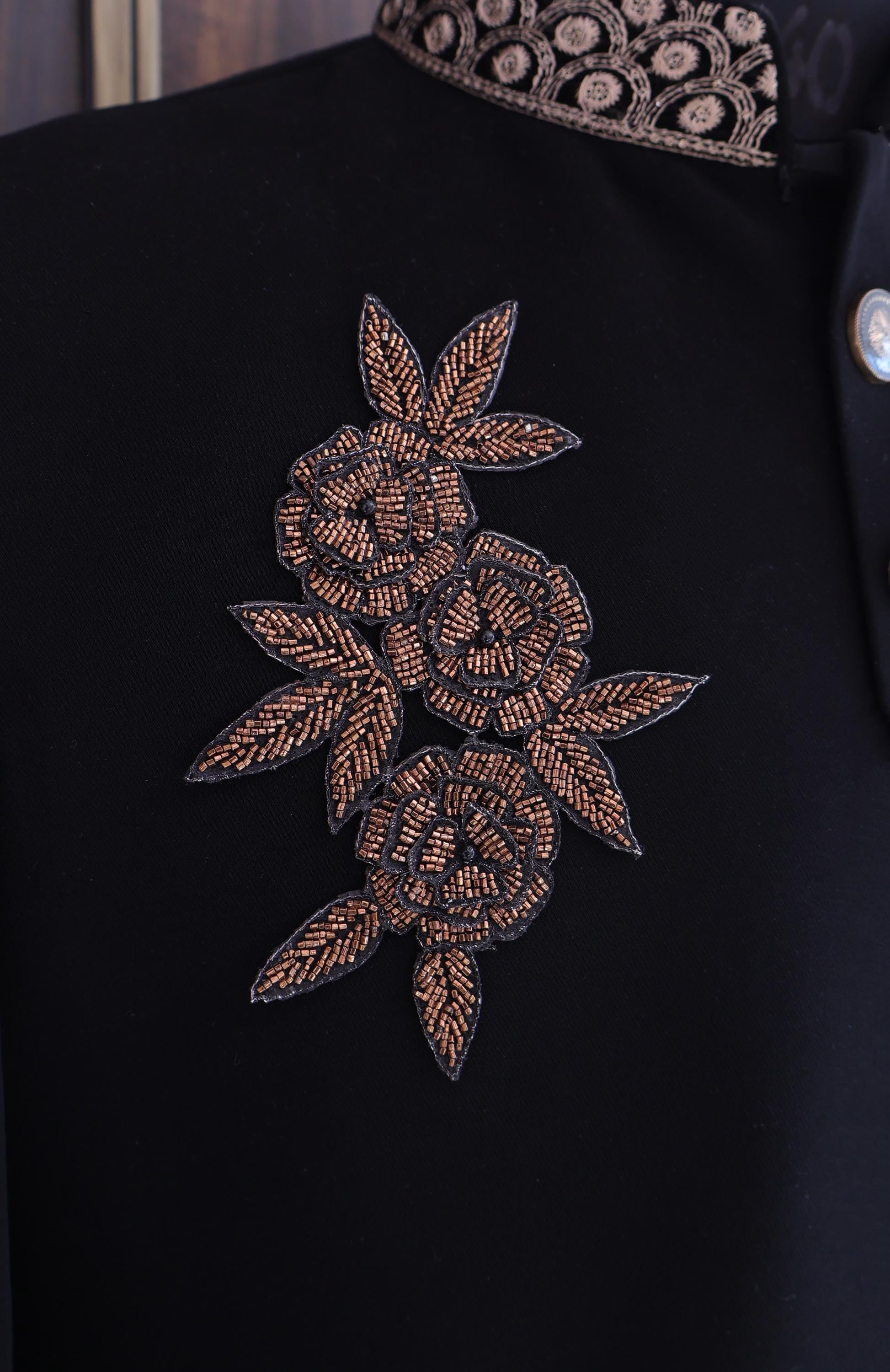 Embroidered Floral Applique Patch: Dark Golden Indian Glass Beads