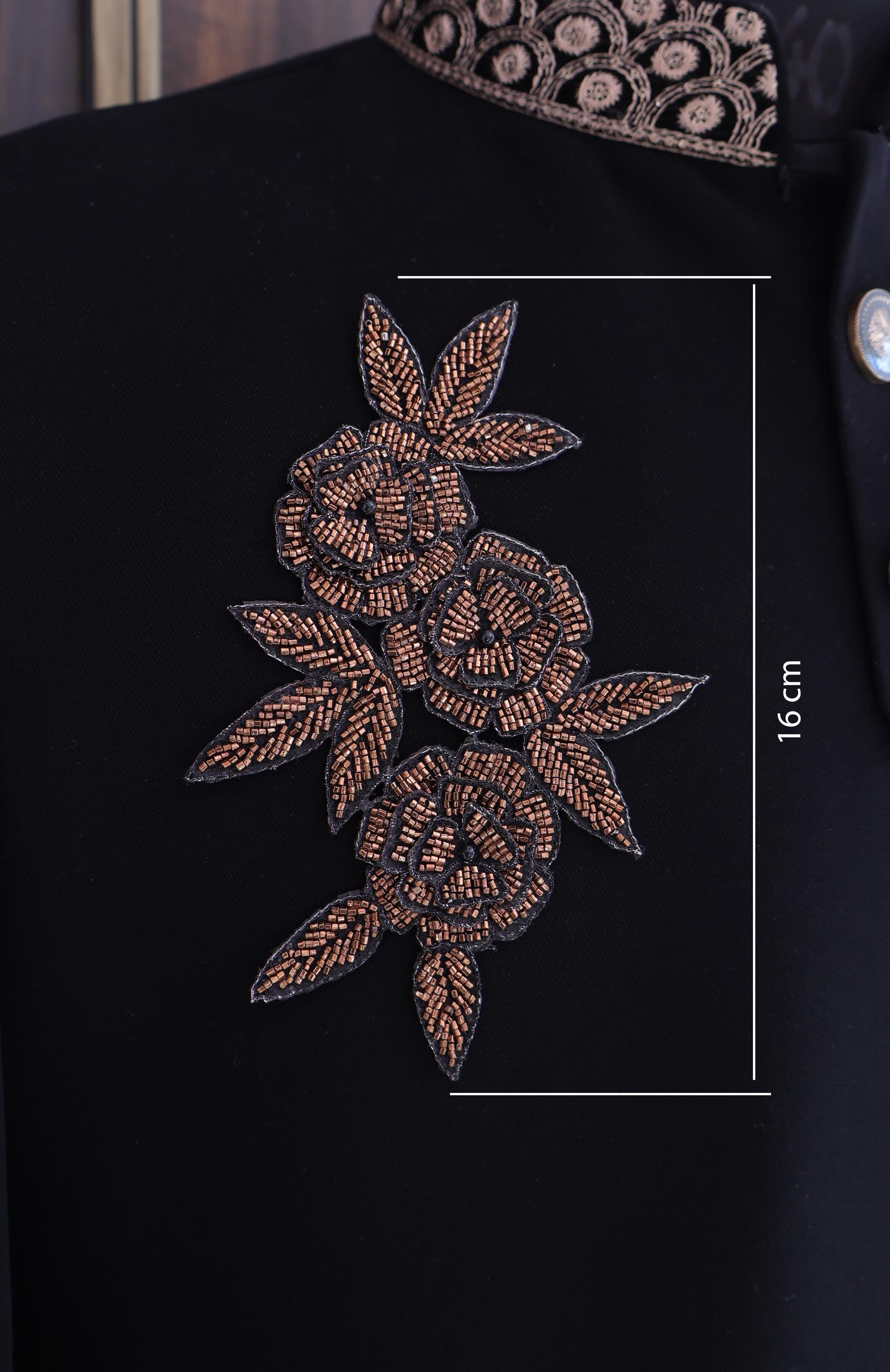 Embroidered Floral Applique Patch: Dark Golden Indian Glass Beads