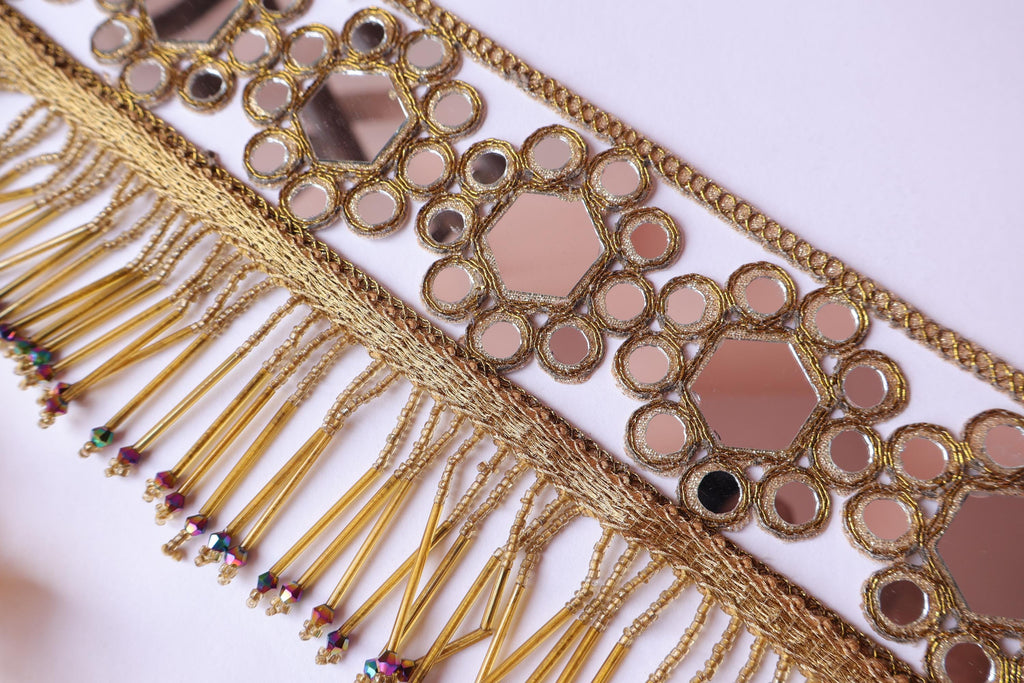 Golden Mirror Fringe Trim, Cutwork Lace, Boho Embellishment, By The Yard