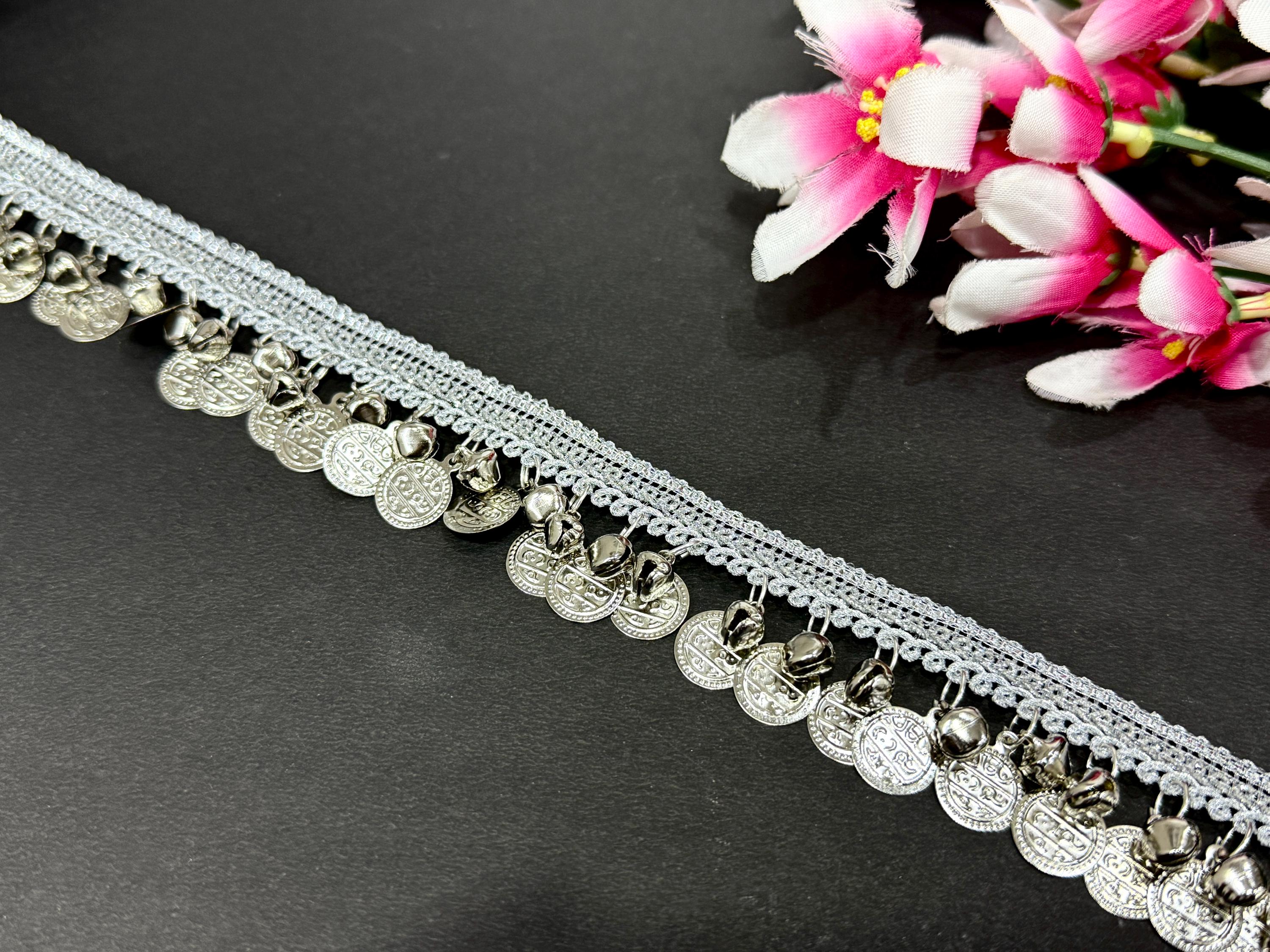 Coin & Ankle Bell Beaded Trim: Brown Gold/Silver Lace - 3 Yards