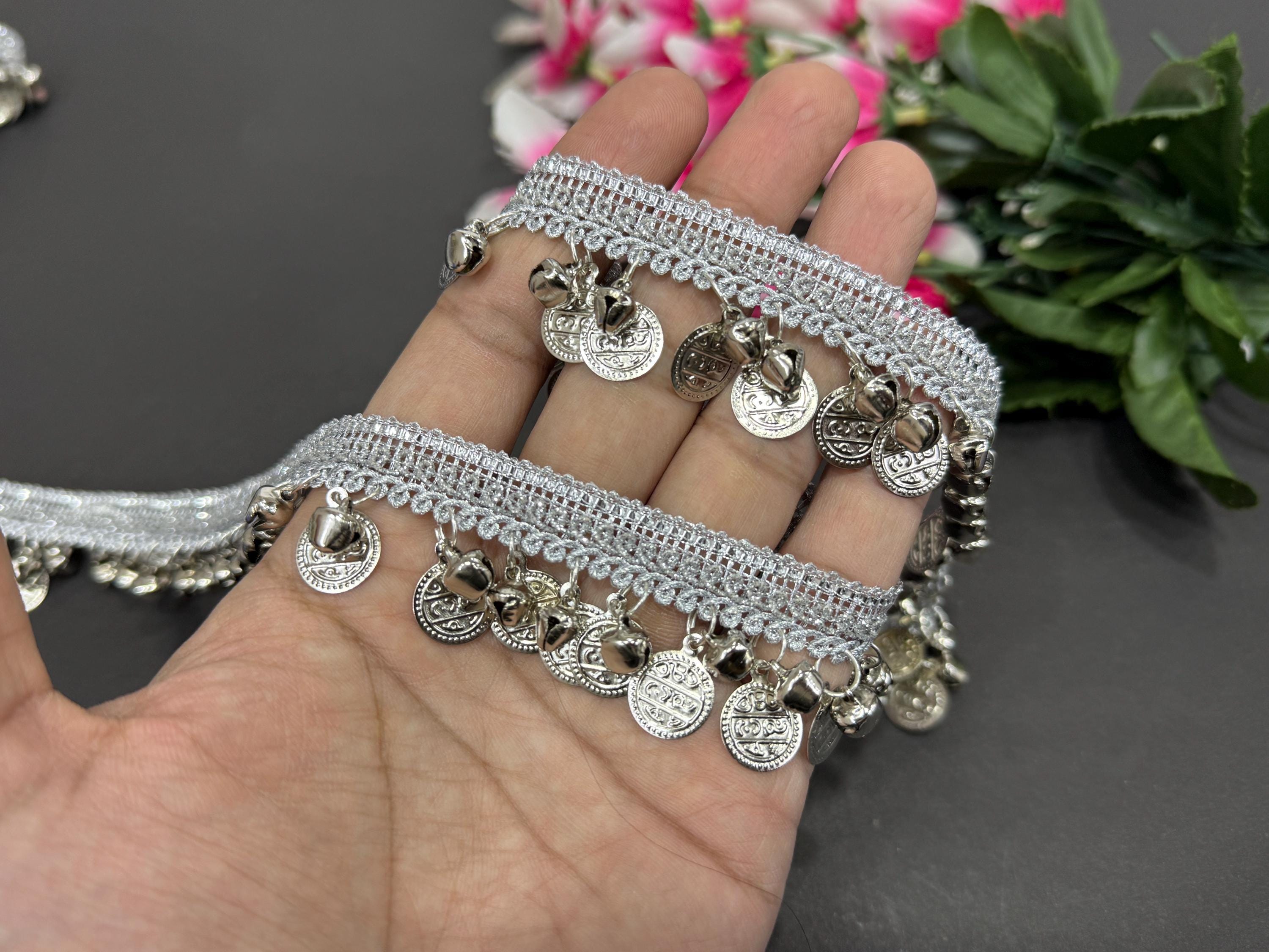 Coin & Ankle Bell Beaded Trim: Brown Gold/Silver Lace - 3 Yards