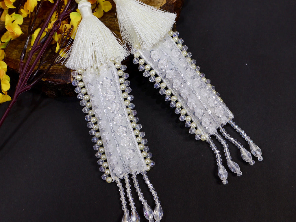 Pearl & Crystal Tassel Latkan: Indian Bridal Lehenga Dupatta Embellishment (Pair)