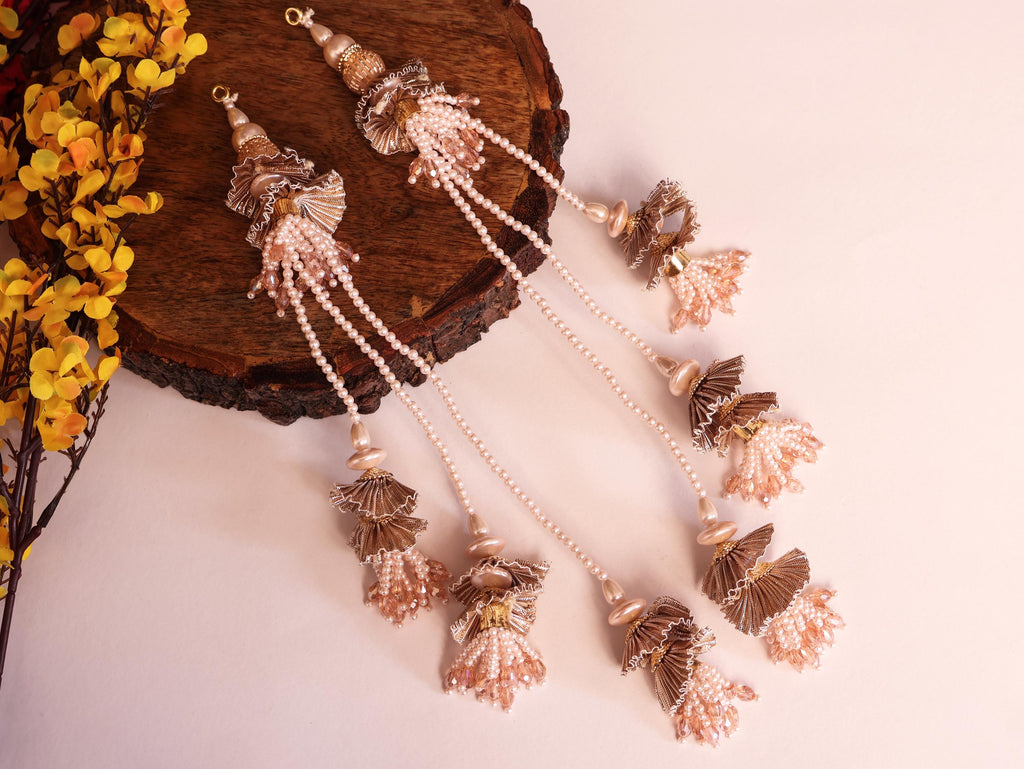 Rose Gold Pearl Latkan Tassels: Indian Bridal Blouse Accessory - 1 Pair