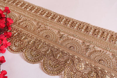 Antique Gold Floral Sequin Embroidered Trim, Indian Sari Border (15cm by Yard)