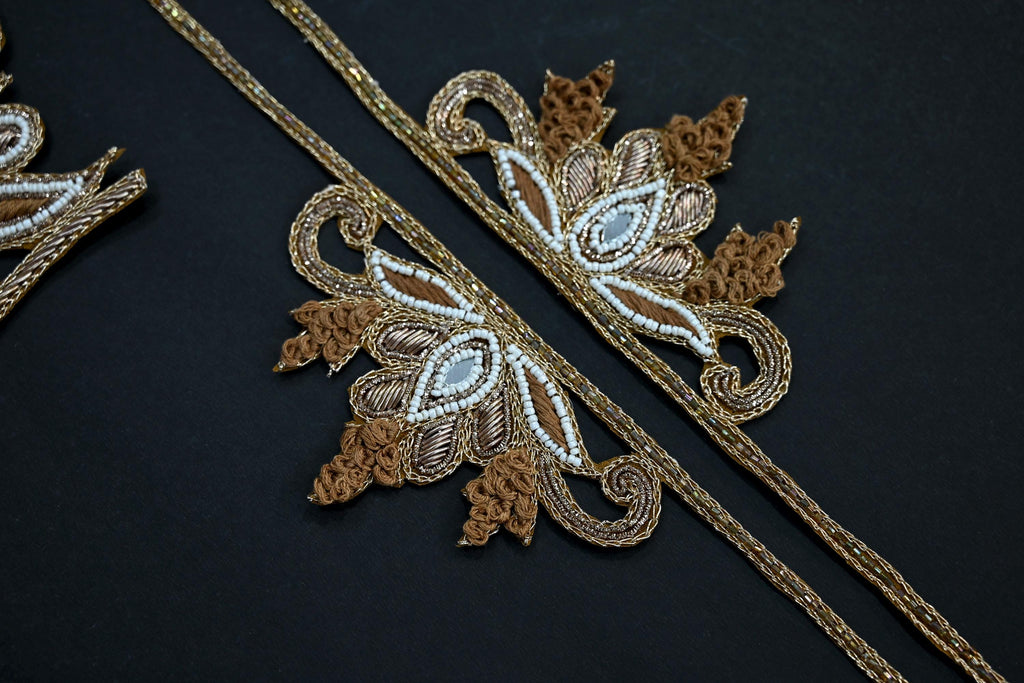 Zardozi Neckline Patch: Golden Beaded Embroidered Applique with Sleeves