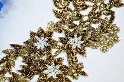 Long Golden Cutwork Beads & Sequins Embroidered Patch 39 cm Long