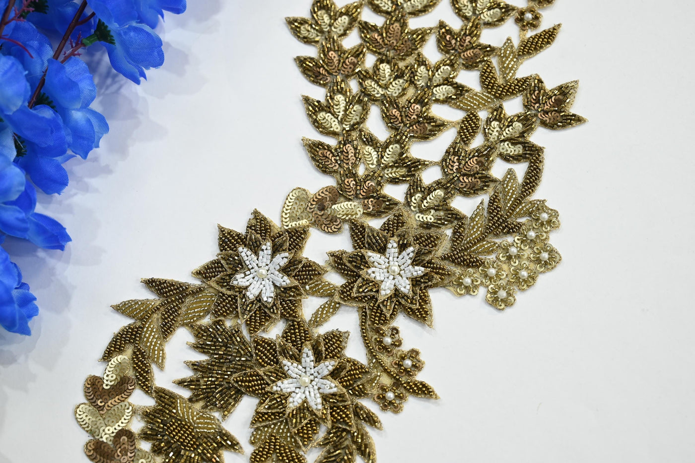 Long Golden Cutwork Beads & Sequins Embroidered Patch 39 cm Long