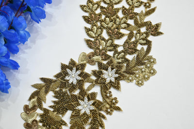 Long Golden Cutwork Beads & Sequins Embroidered Patch 39 cm Long