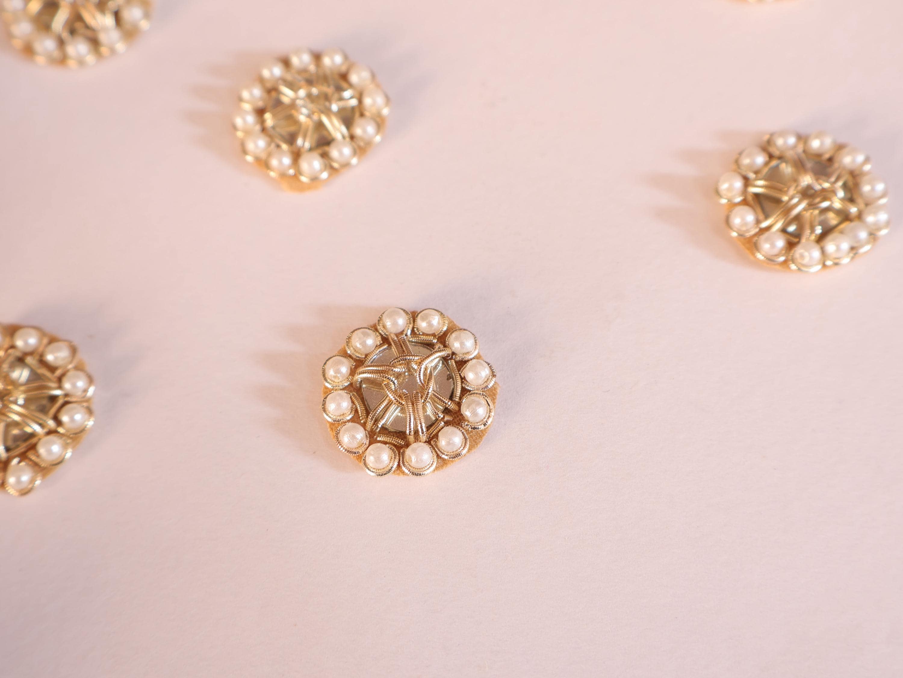 Gold Zardozi Applique Patches with Pearls: Indian Sari Embellishments (25 Pc, 2.2 cm)