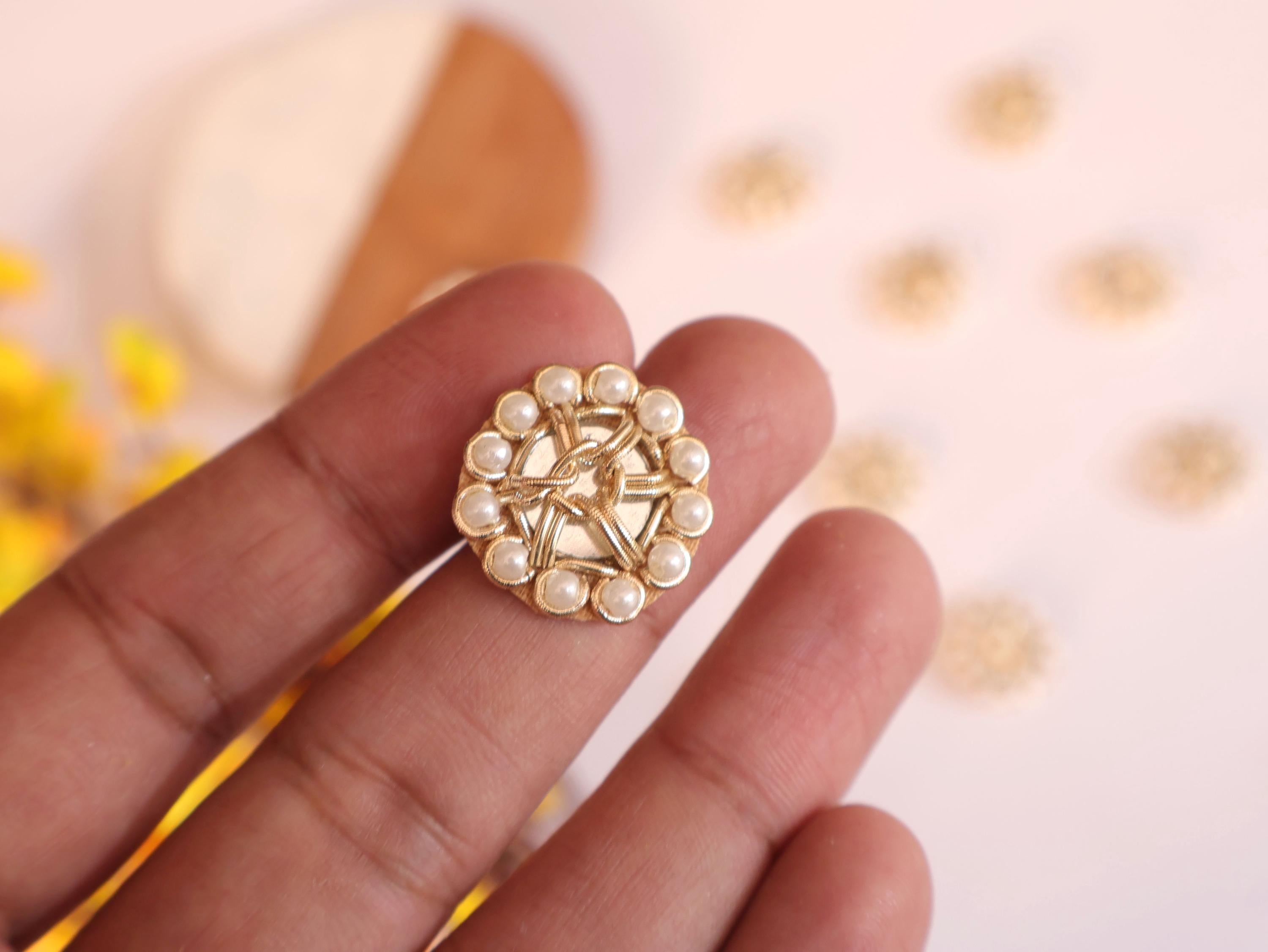 Gold Zardozi Applique Patches with Pearls: Indian Sari Embellishments (25 Pc, 2.2 cm)
