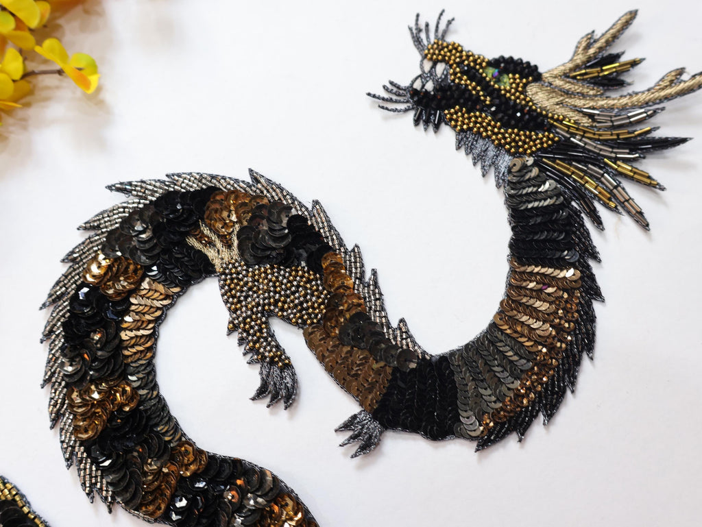 Embroidered Dragon Patch: Handmade Indian Applique, Golden Silver Detail