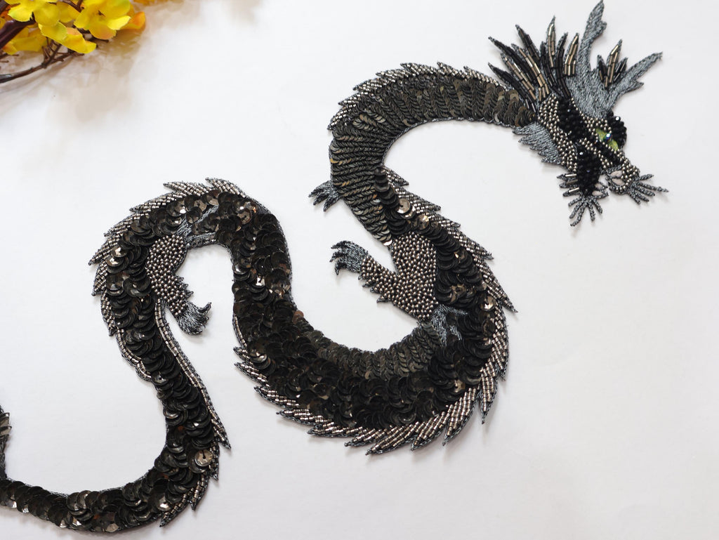 Embroidered Dragon Patch: Handmade Indian Applique, Golden Silver Detail